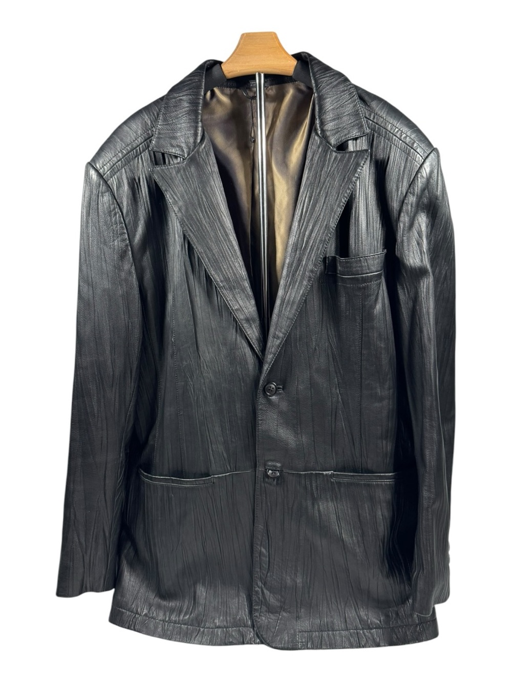 Jhane Barnes Crinkle Leather Blazer Black Sport Coat Mens